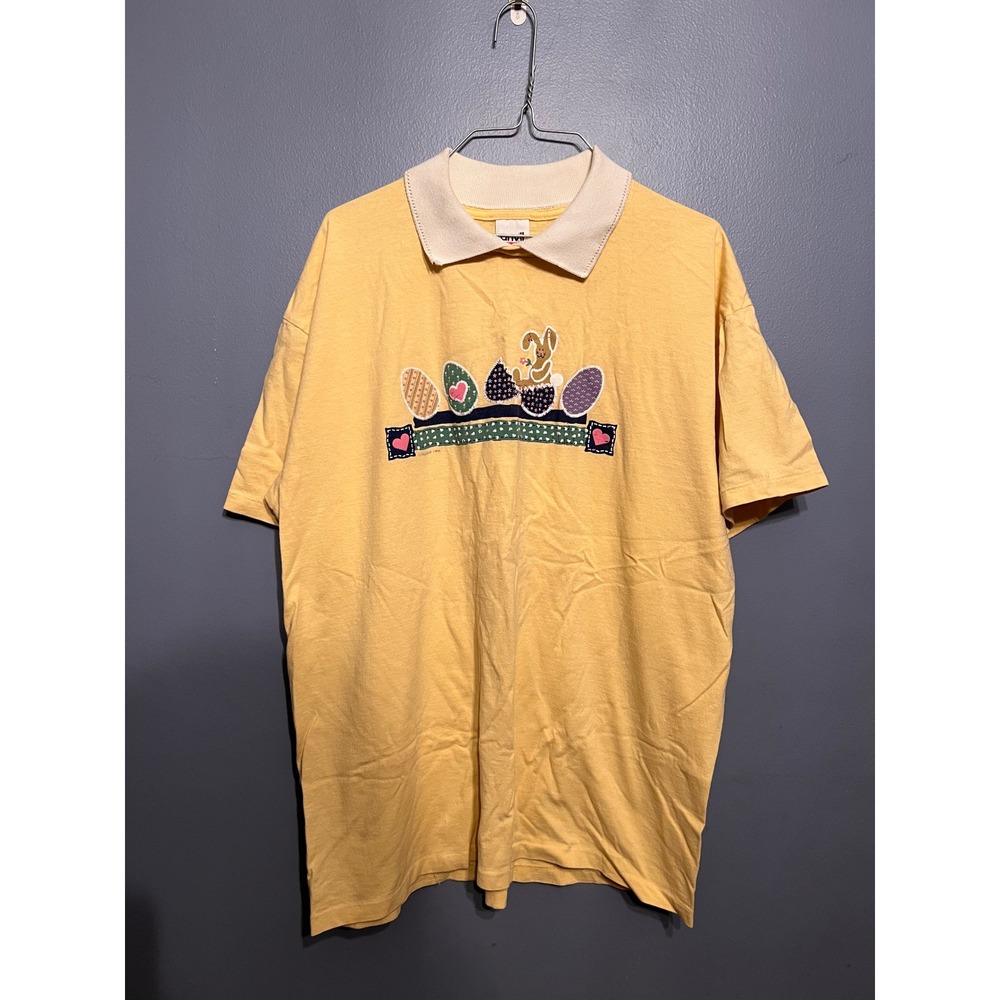 Vintage Easter Bunny Yellow Collared T-Shirt Size XL Grandmacore Springtime 90s